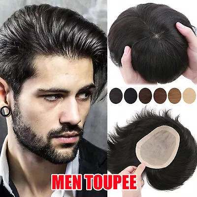 Best Mens Toupee Remy Human Hair Replacement System Super Thin PU Skin Hairpiece • $55.69