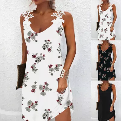 Womens Sexy V Neck Floral Boho Midi Dresses Summer Casual Sleeveless Sundress • £11.29