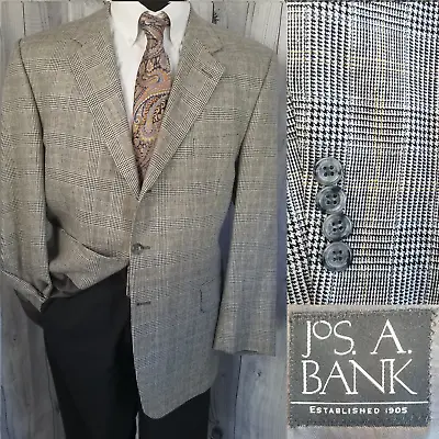 Jos Bank Men's Blazer 44-46s Slub Silk Linen Wool Madras Plaid 3roll2 Short Arms • $44.95