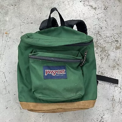 Vintage 90s Jansport Made In USA Leather Bottom Backpack Daypack Book Bag Green • $35