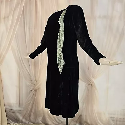 1920s Antique Velvet Flapper Dress Gown Black Egg Shell Blue Lace Asymmetrical • $112