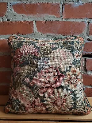 Vintage Floral Botanical Needlepoint Throw Pillow Green Velvet On Back 12x12  • $30