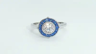 Ladies Ring 925 Sterling Solid Silver Blue & White Sapphire Ring Size U • £29.99