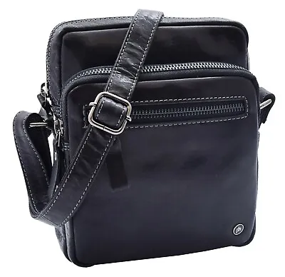 Luxury Black Leather Cross Body Flight Bag For Men Multi Zip Pockets Small Pouch • £49