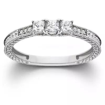 1/3ct Vintage Three Stone Princess Cut Diamond Engagement Ring 14K White Gold • $409.59