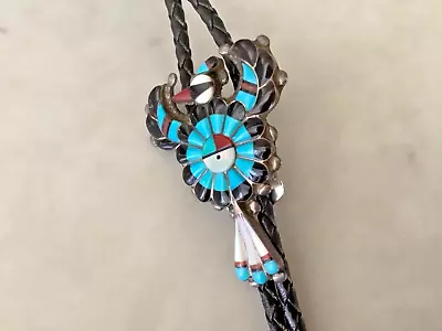 Zuni Thunderbird Multi-stone Inlay Turquoise  BOLO Sterling Silver Black Leather • $185