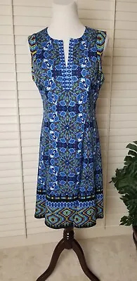 MAGGY L  Fit & Flare Dress 10 Sleeveless V-Neck Lined Zip Blue Black Stretch EUC • $34.95