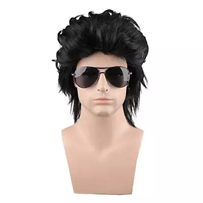 Black 80s Wig Men's Layered Wig Men's Mullet Wig Black Layered Wig Curly Male... • $28.86