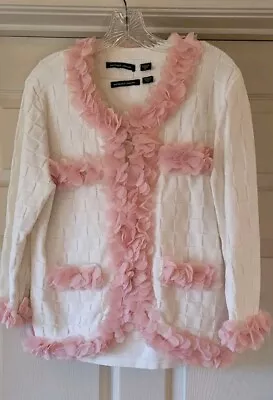 Michael Simon Cardigan Size XL White Pink Flower Cardigan Sweater & Shell XL • $59.77