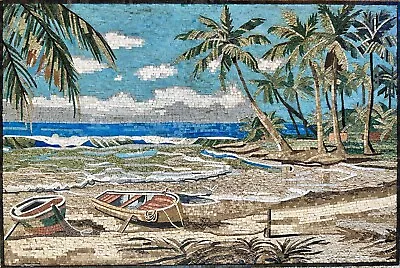 Beach With Palms - Handmade Mosaic Wall Art. Natural Stone Mural • $1494