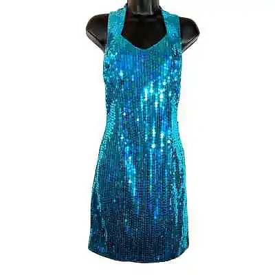 Vintage 90s Teal Sequin Mini Dress Concert Party Cocktail Sleeveless Mermaid • $69.99