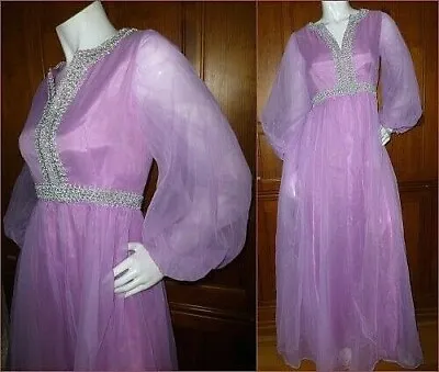 Vtg 70s Lavender AIRY Sheer Chiffon Silver Retro Boho Wedding Maxi Dress Gown • $44.24