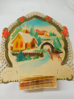 Vintage 1974 Diecut Embossed Wall CALENDAR Germany Flocked Deer Church • $12.95