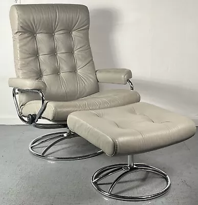 Vintage Mid Century Ekornes Stressless Recliner /Ottoman Grey Leather On Chrome • $1795