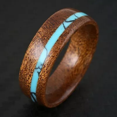 Beautiful Sandalwood & Turquoise Striped Domed Wedding Band Ring 6mm Or 8mm • $15.99