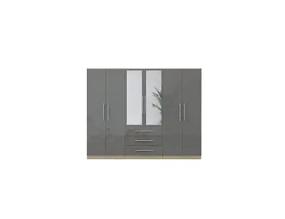 Modern 6 Door Wardrobe Mirrored Fitment In HIGH GLOSS GREY/BLACK/WHITE • £469.99