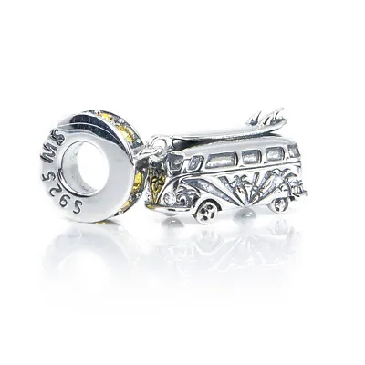 Vintage Summer Beach Van Yellow Swarovski Crystals Silver Charm For Bracelet  • $44.99