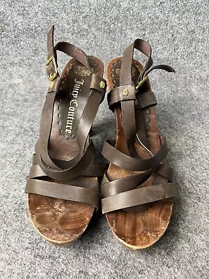 Juicy Couture Wood Heels Women's 7.5M Brown Leather Buckles 5 Inch • $13