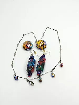 Vintage Millefiori Art Glass Necklace & Earrings Lot • $0.99