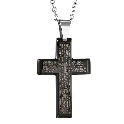 Mens Cross Necklace Stainless Steel Lords Prayer Bible Verse Pendant Religious F • $9.49