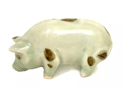 Vtg Ceramic Pig Figurine Bluish Green Brown Spots 4”L Farmhouse Animal Cottage • $12.99