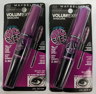 LOT OF 2 - MAYBELLINE THE FALSIES BIG EYES MASCARA #202 BLACKEST BLACK 0.3oz EA • $39.99