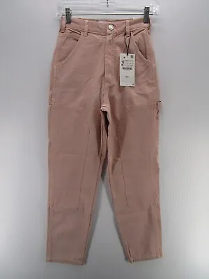 Zara Pants Women 00 Pink Cargo Carpenter Mom High Rise Ankle Twill Preppy * • $9