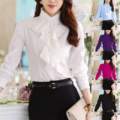 Womens Long Sleeve Stand Collar Tops Office OL Work Shirt Ruffled T-Shirt Blouse • £7.99