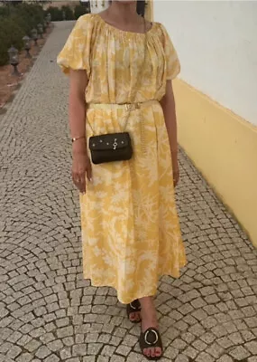 H&M Off Shoulder Ochre Floral Print Puff Sleeve Boho Summer Holiday Long Dress M • £10