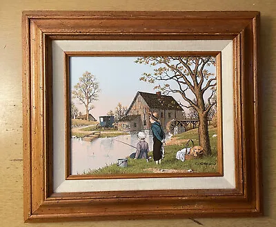 Vintage C Carson Oil Painting 8” X 10” Puppy & Children Fishing Framed Serigraph • $19.95