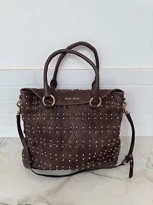 Miu Miu Studded Brown Leather Handbag Messenger Bag • £195