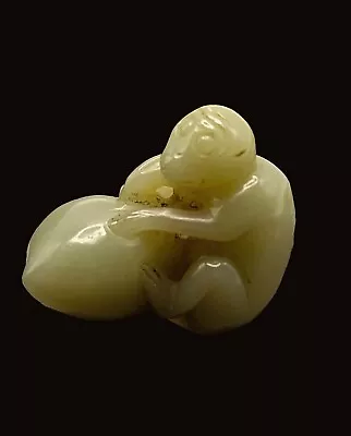18th-19th C Qing Hand Carved Green Jade Monkey With Peach 5 Cm Length • $185