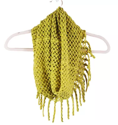 Hand Knit Mustard Yellow And Army Green Fringe Boho Draped Winter Infinity Scarf • $19.99