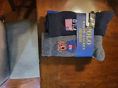 Polo Ralph Lauren Mens American Flag/Big Bear 6 Pair  Crew Socks 10-13 NWT • $27.99