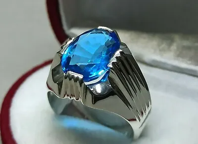 Oval Cut 6 Carat Blue Topaz Mens Ring Sterling Silver 925 Handmade Topaz Ring • £90