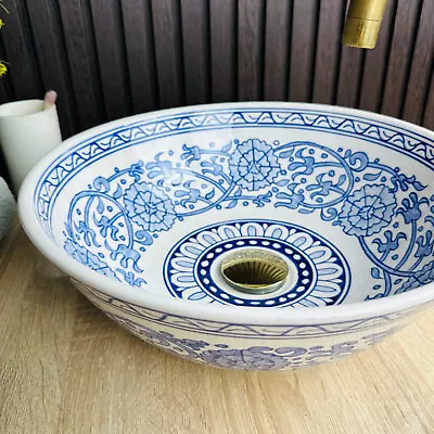 Blue Floral Design Bathroom Vessel Sink Moroccan Hand-painted Artisan Sink • $205