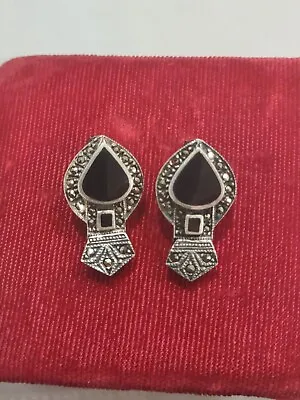 Vintage Art Deco Style Lapis Marcasite 925 Sterling Silver Earrings • $29.99