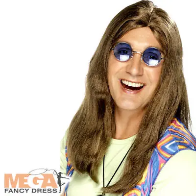 Long Brown Hippie Wig Mens Fancy Dress 60s 70s Hippy Adults Costume Accessory • £8.99