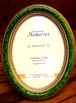 Photo Frame TREASURED MEMORIES 3.5 X 5  Gold & Green Oval Wall Or Tabletop   906 • $13.49