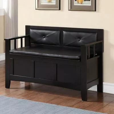 Large Black Padded Back Wooden Storage Bench Flip Lid Entryway Mud Room Bedroom • $261.90