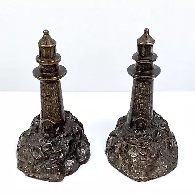 Vintage SPI San Pacific Cast Metal Antique Bronzed Lighthouse Nautical Bookends • $56.95