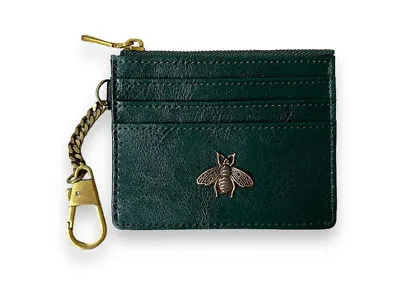 Small Green Wallet Cards & Coins Holder Vtg Unisex Elegant Gold Keychain Italy • $14.99