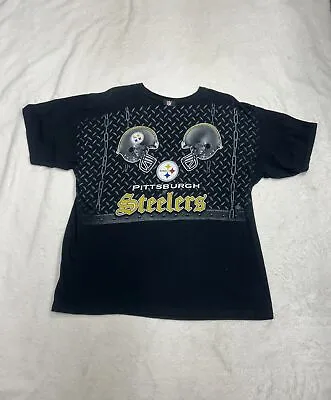 Y2K Pittsburgh Steelers Steel Curtain Helmet Black Graphic T-Shirt Size Large • $12.79