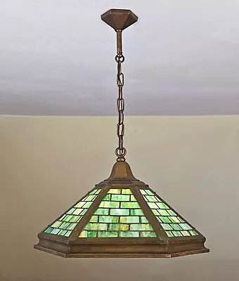 RESTORED! Large Antique Mission Stained Glass Light Fixture Brick Pattern Handel • $2400