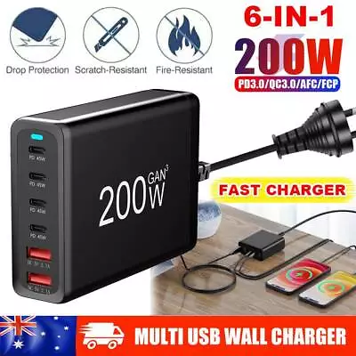 200W 6 Port Fast GaN Multi USB-C Wall Charger Quick Charging QC PD Type C USB • $42.95