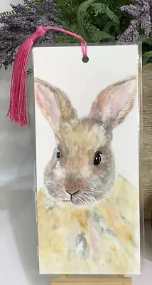 Bookmark Page Marker Laminated Art Bunny Rabbit  By Kenna With Dark Pink Tassel • $10.95
