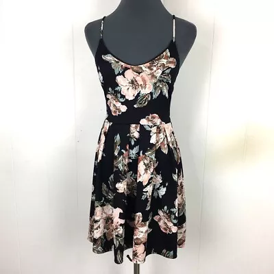 Soprano Fit Flare Dress S Black Floral Stretch Polyester Knee Length 24x33 • $14.70