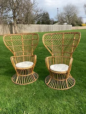 Vintage Pair Rattan Wicker Franco Albini Mid Century Modern Boho Peacock Chairs • $1498