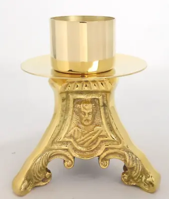 High Polished Brass Holy Family Embossed Socket Candleholder For Altars 3 5/8 In • $69.88