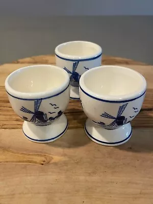 Delft Blue Porcelain Egg Cups Handpainted Windmills & Floral Set Of 3 EUC • $15